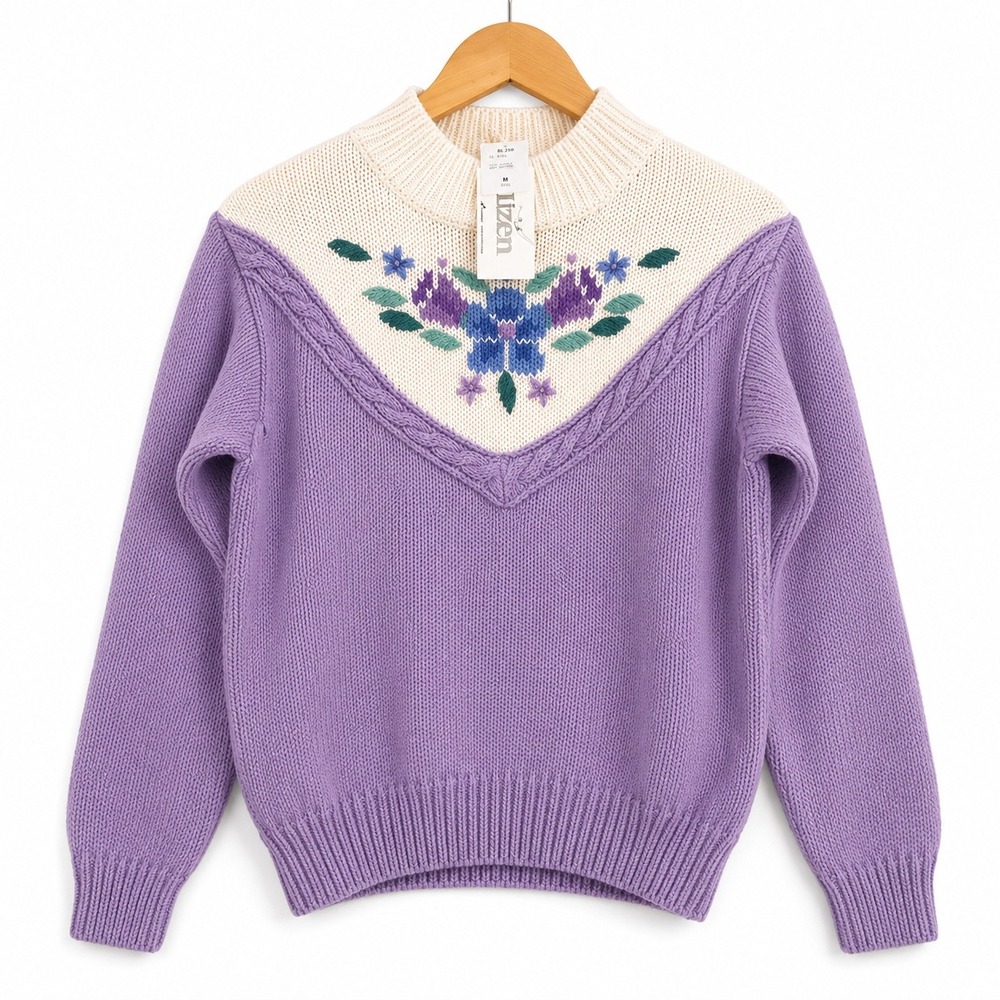 Itzen Vintage Floral Embroidered Mock Neck Sweater Lilac Purple Ramie Cotton M